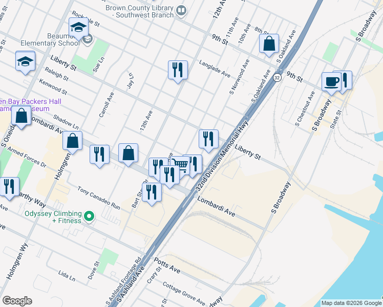 map of restaurants, bars, coffee shops, grocery stores, and more near 1743 10th Avenue in Green Bay