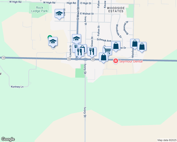 map of restaurants, bars, coffee shops, grocery stores, and more near N7248 County Road C in Seymour