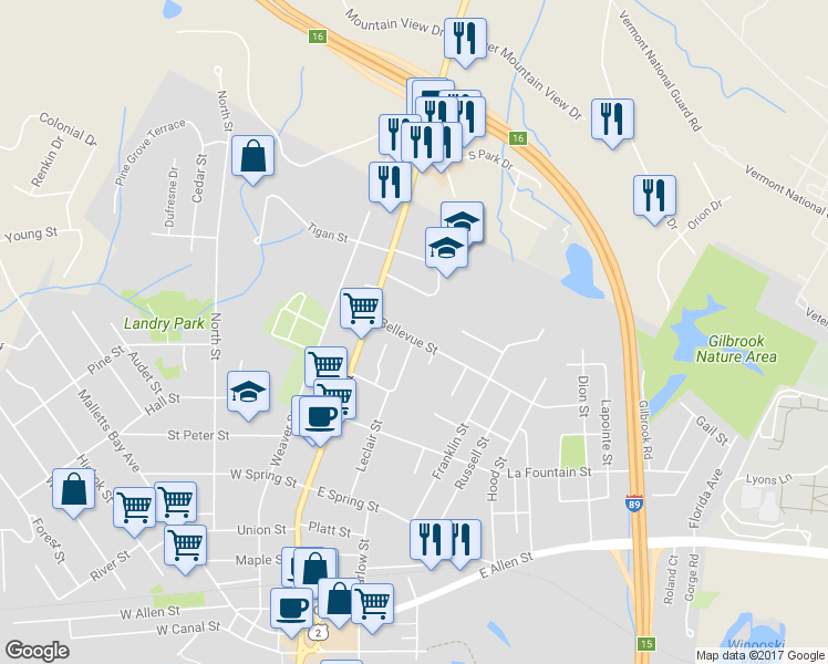 map of restaurants, bars, coffee shops, grocery stores, and more near 29 Bellevue Street in Winooski