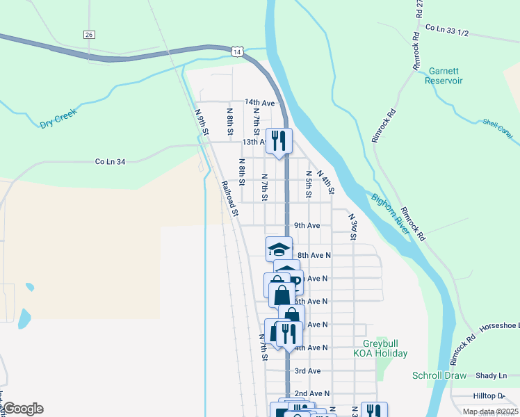 map of restaurants, bars, coffee shops, grocery stores, and more near 948 North 7th Street in Greybull