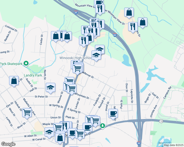 map of restaurants, bars, coffee shops, grocery stores, and more near 29 Bellevue Street in Winooski
