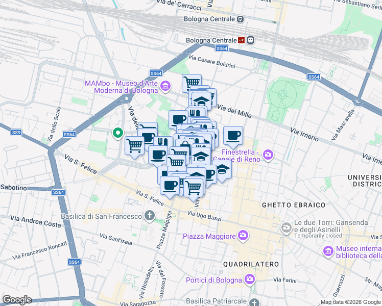 map of restaurants, bars, coffee shops, grocery stores, and more near 2 Via Giuseppe Grabinski in Bologna