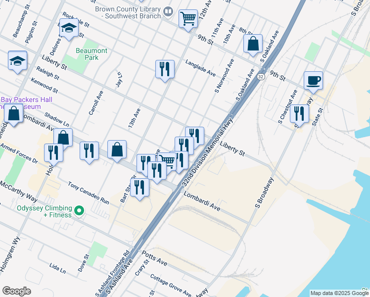 map of restaurants, bars, coffee shops, grocery stores, and more near 1732 South Norwood Avenue in Green Bay