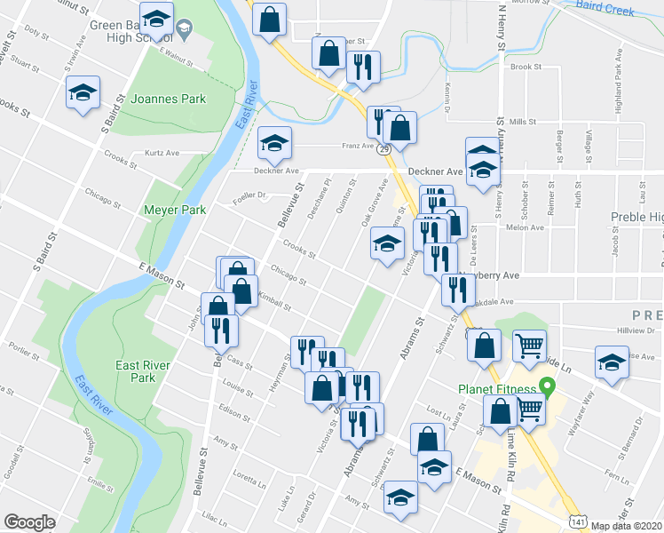 map of restaurants, bars, coffee shops, grocery stores, and more near 401 Heyrman Street in Green Bay