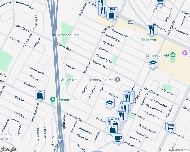 map of restaurants, bars, coffee shops, grocery stores, and more near 1192 Echo Lane in Green Bay