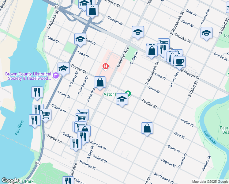map of restaurants, bars, coffee shops, grocery stores, and more near 914 South Clay Street in Green Bay