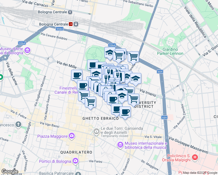 map of restaurants, bars, coffee shops, grocery stores, and more near 25 Via del Borgo di San Pietro in Bologna