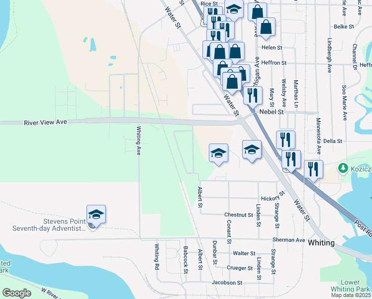 map of restaurants, bars, coffee shops, grocery stores, and more near 2001 River View Avenue in Stevens Point