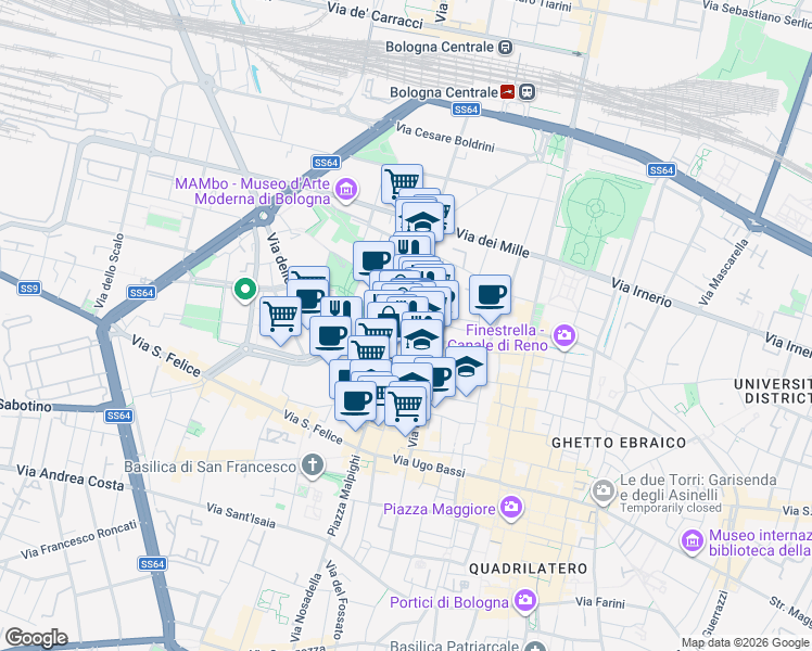 map of restaurants, bars, coffee shops, grocery stores, and more near 2 Via Giuseppe Grabinski in Bologna