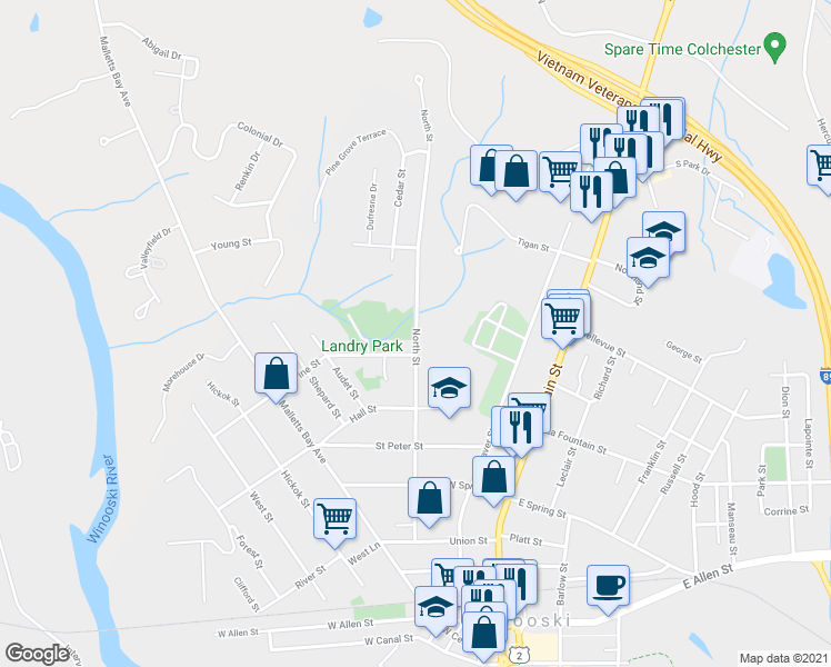 map of restaurants, bars, coffee shops, grocery stores, and more near 176 North Winooski Avenue in Burlington