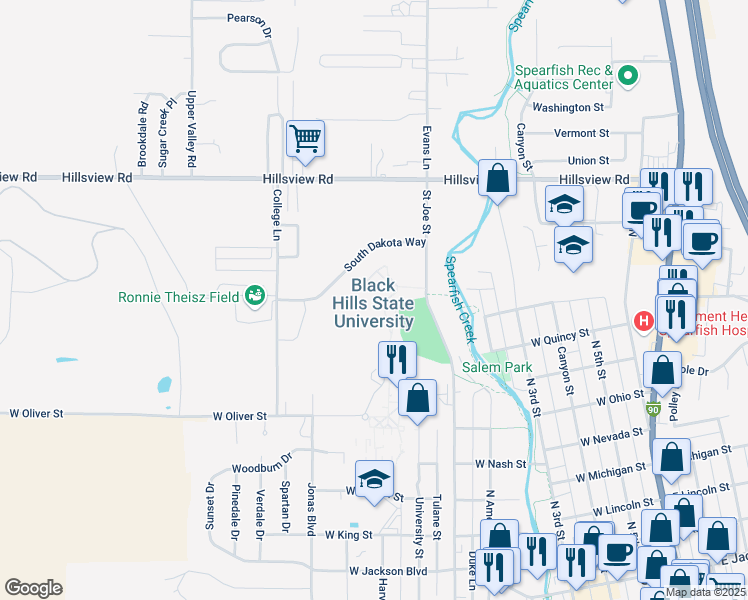 map of restaurants, bars, coffee shops, grocery stores, and more near 1200 University Street in Spearfish