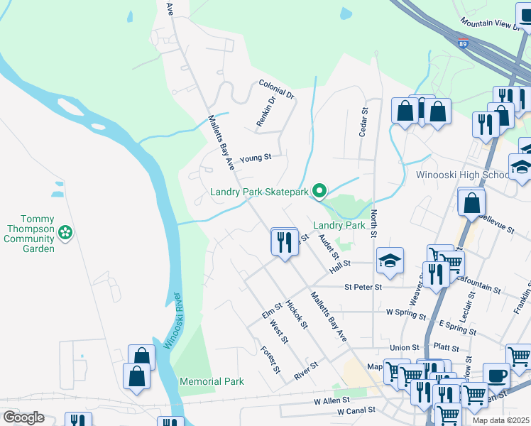 map of restaurants, bars, coffee shops, grocery stores, and more near 38 Morehouse Drive in Winooski