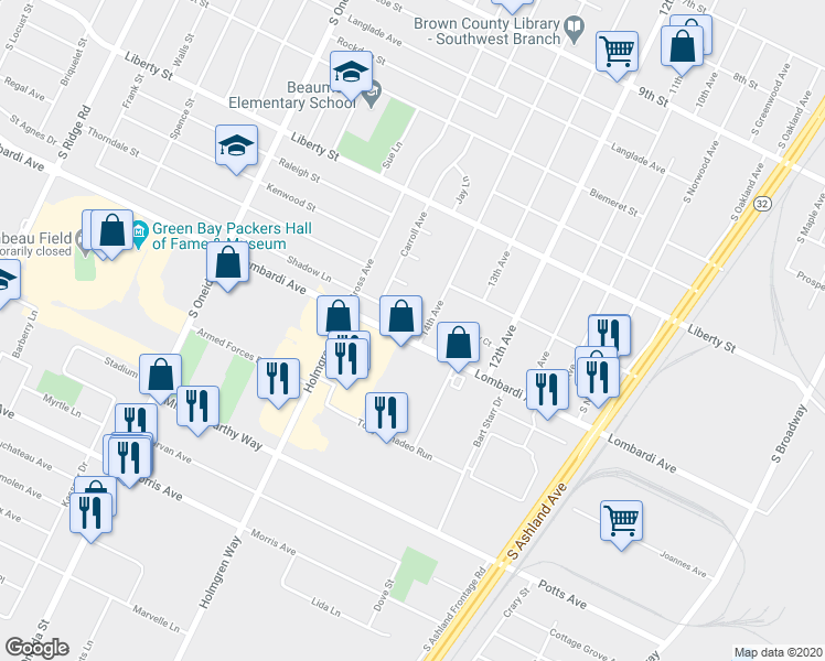 map of restaurants, bars, coffee shops, grocery stores, and more near 999 Lombardi Avenue in Green Bay