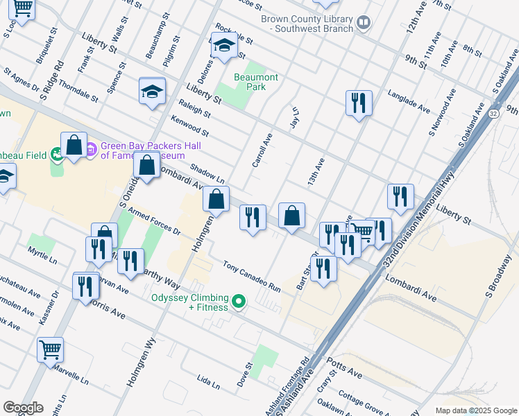 map of restaurants, bars, coffee shops, grocery stores, and more near 999 Lombardi Avenue in Green Bay