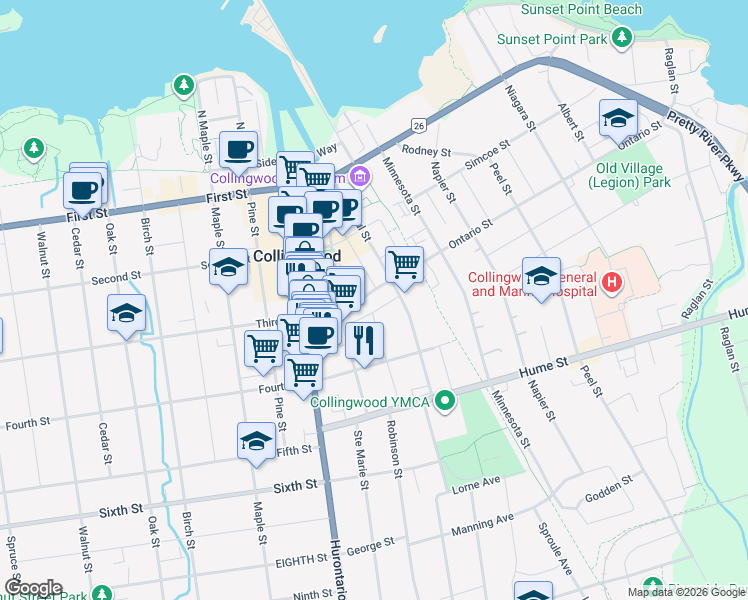 map of restaurants, bars, coffee shops, grocery stores, and more near 100 Ontario Street in Collingwood