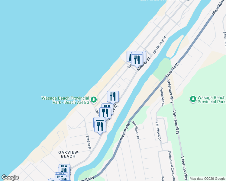 map of restaurants, bars, coffee shops, grocery stores, and more near 10 Baker Street in Wasaga Beach
