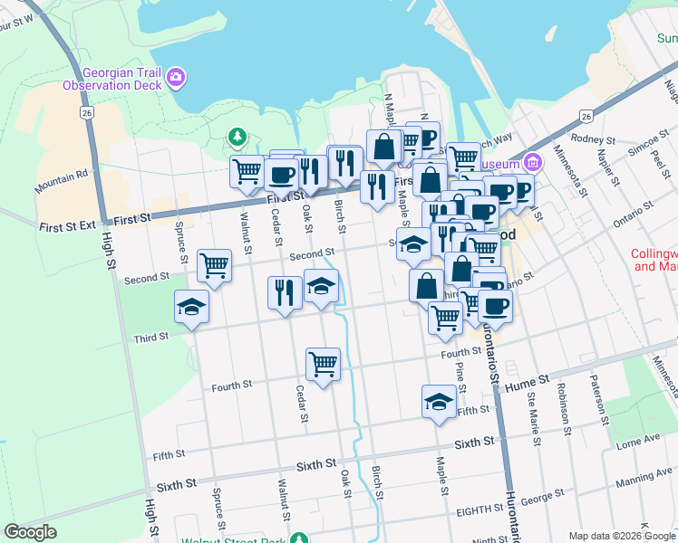 map of restaurants, bars, coffee shops, grocery stores, and more near in Collingwood