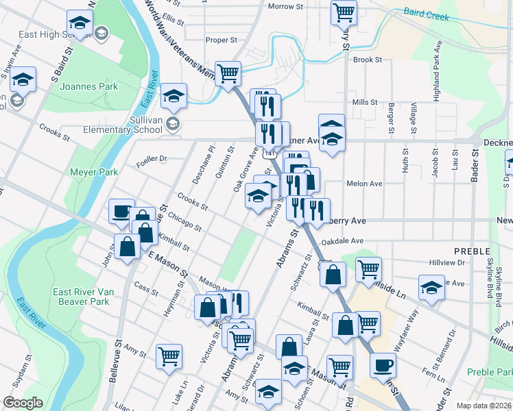 map of restaurants, bars, coffee shops, grocery stores, and more near 333 Irene Street in Green Bay