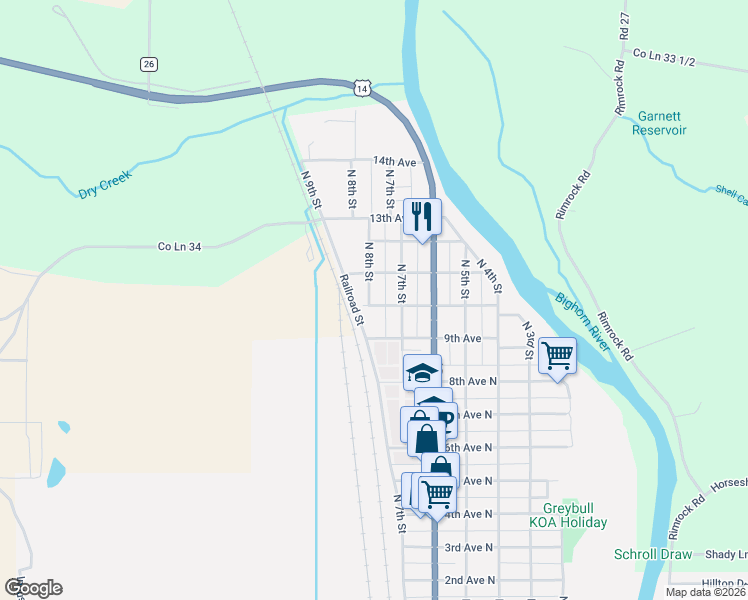 map of restaurants, bars, coffee shops, grocery stores, and more near Railroad Street in Greybull