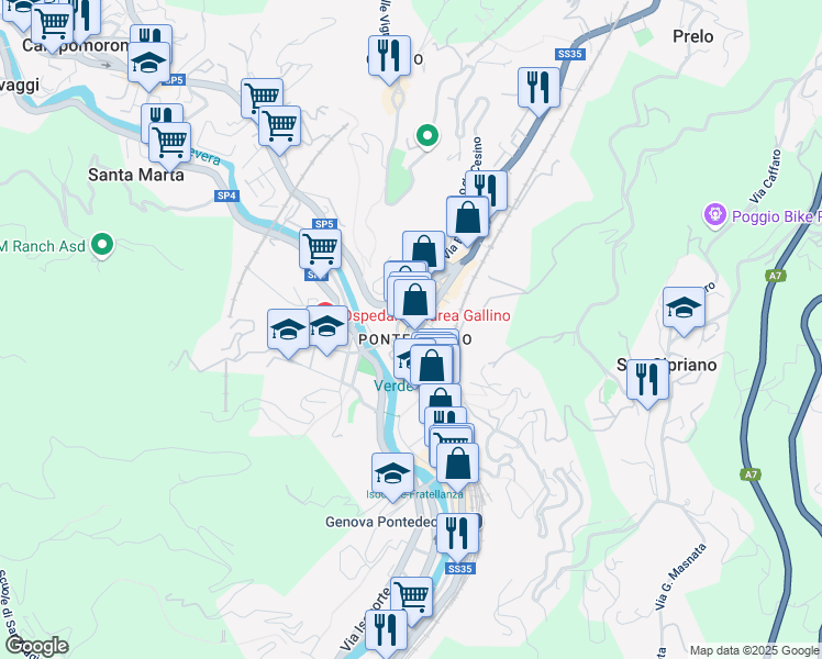 map of restaurants, bars, coffee shops, grocery stores, and more near Strada Provinciale 35 dei Giovi in Città Metropolitana di Genova
