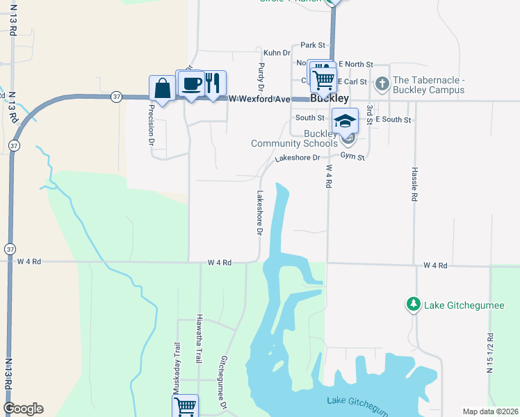 map of restaurants, bars, coffee shops, grocery stores, and more near Lakeshore Drive in Buckley
