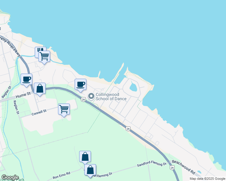 map of restaurants, bars, coffee shops, grocery stores, and more near 55 Clubhouse Drive in Collingwood