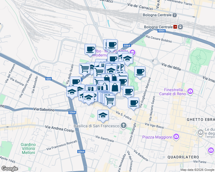 map of restaurants, bars, coffee shops, grocery stores, and more near 21 Piazza Manfredi Azzarita in Bologna