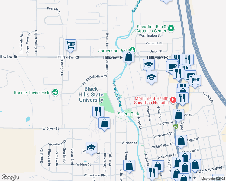 map of restaurants, bars, coffee shops, grocery stores, and more near 1256-1344 Saint Joe Street in Spearfish