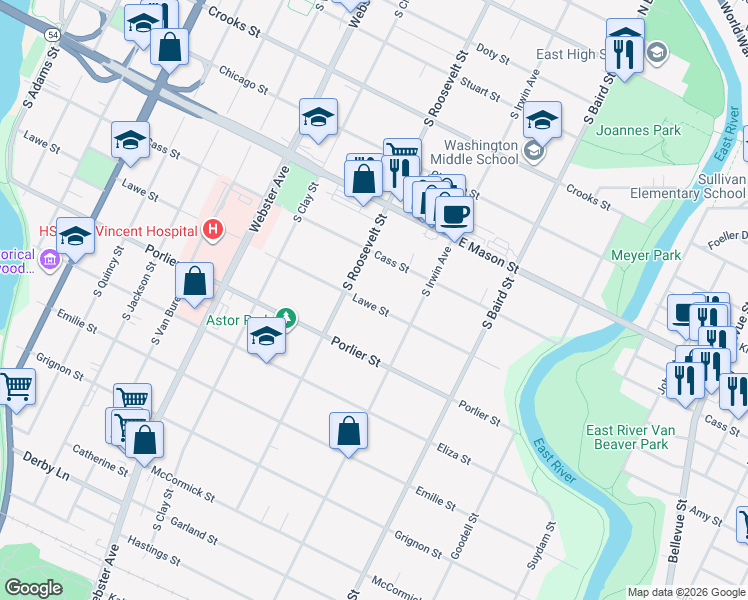 map of restaurants, bars, coffee shops, grocery stores, and more near 1227 Lawe Street in Green Bay