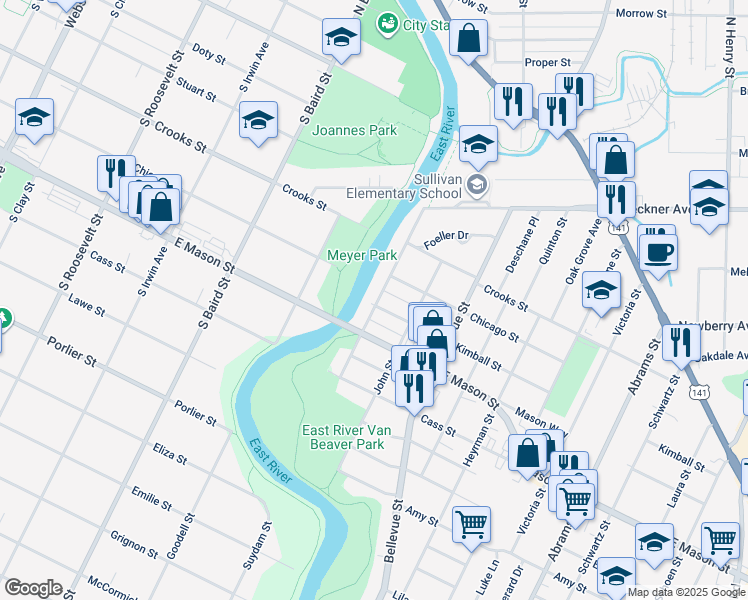 map of restaurants, bars, coffee shops, grocery stores, and more near 446 Hartung Street in Green Bay