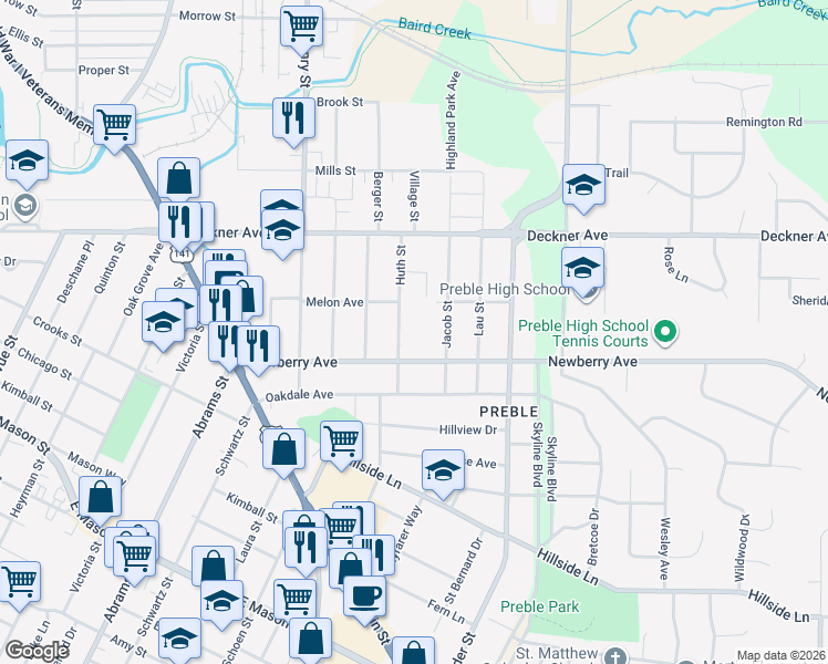 map of restaurants, bars, coffee shops, grocery stores, and more near 1945 Newberry Avenue in Green Bay