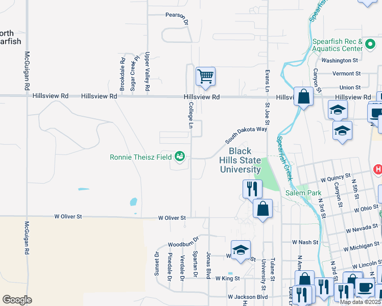 map of restaurants, bars, coffee shops, grocery stores, and more near 5 College Lane in Spearfish