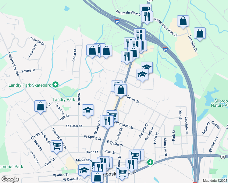 map of restaurants, bars, coffee shops, grocery stores, and more near 331 Weaver Street in Winooski