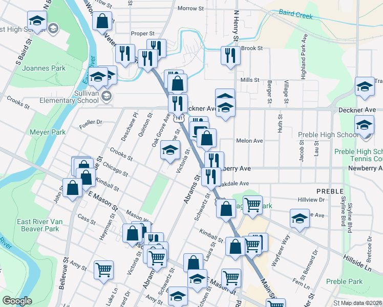 map of restaurants, bars, coffee shops, grocery stores, and more near 1673 Main Street in Green Bay