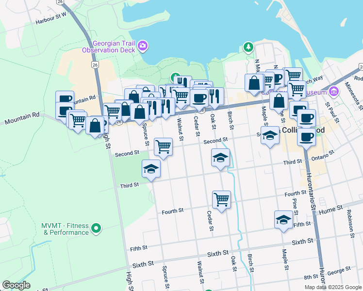 map of restaurants, bars, coffee shops, grocery stores, and more near 387 Second Street in Collingwood