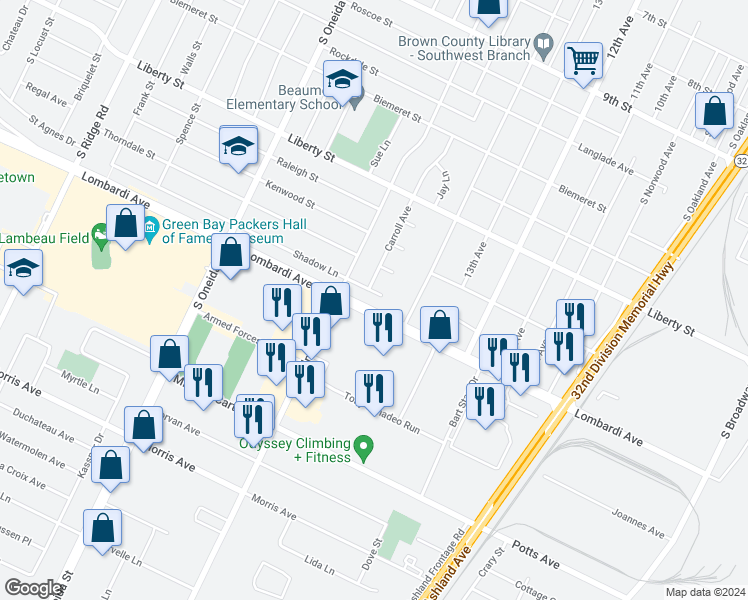 map of restaurants, bars, coffee shops, grocery stores, and more near 1015 Shadow Lane in Green Bay
