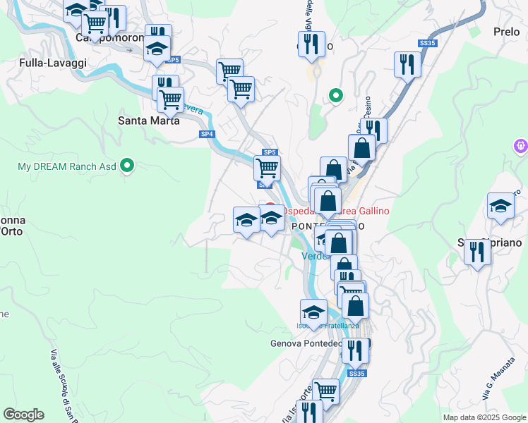 map of restaurants, bars, coffee shops, grocery stores, and more near 14 Via Pieve di Cadore in Genoa