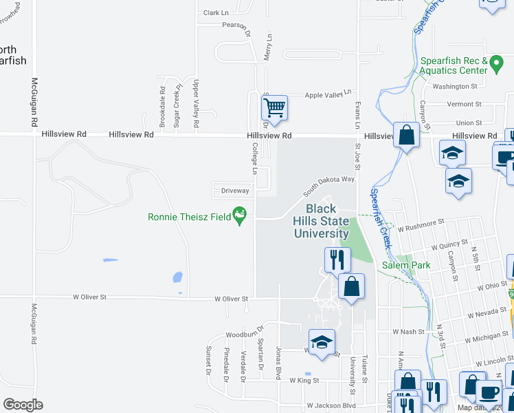 map of restaurants, bars, coffee shops, grocery stores, and more near 1202 Silverbrook Lane in Spearfish