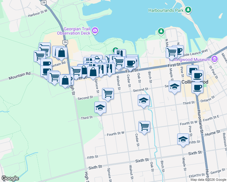 map of restaurants, bars, coffee shops, grocery stores, and more near 59 Hickory Street in Collingwood