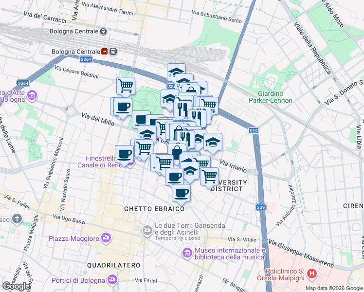 map of restaurants, bars, coffee shops, grocery stores, and more near 18A Via Irnerio in Bologna