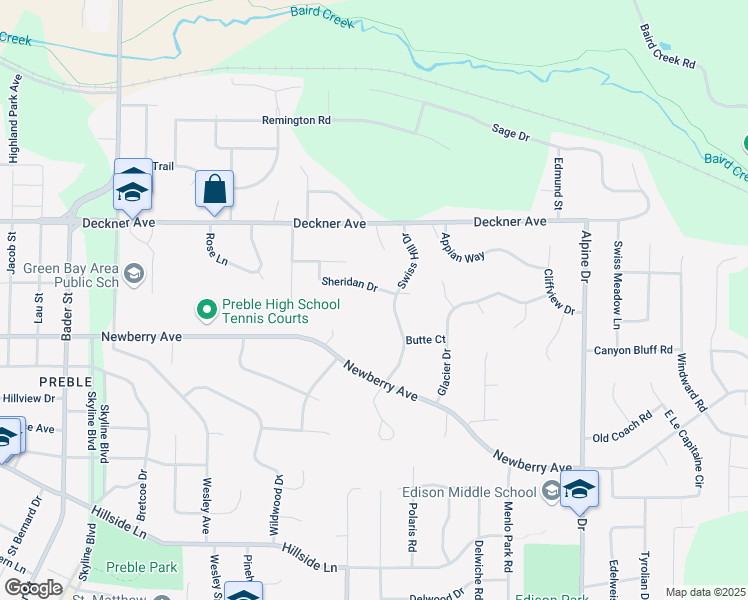 map of restaurants, bars, coffee shops, grocery stores, and more near 2517 Sheridan Drive in Green Bay