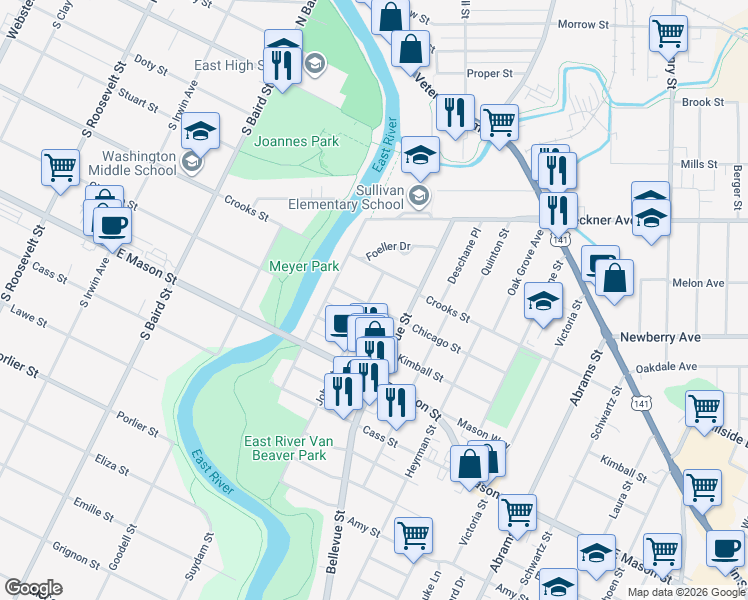 map of restaurants, bars, coffee shops, grocery stores, and more near 1553 Chicago Street in Green Bay