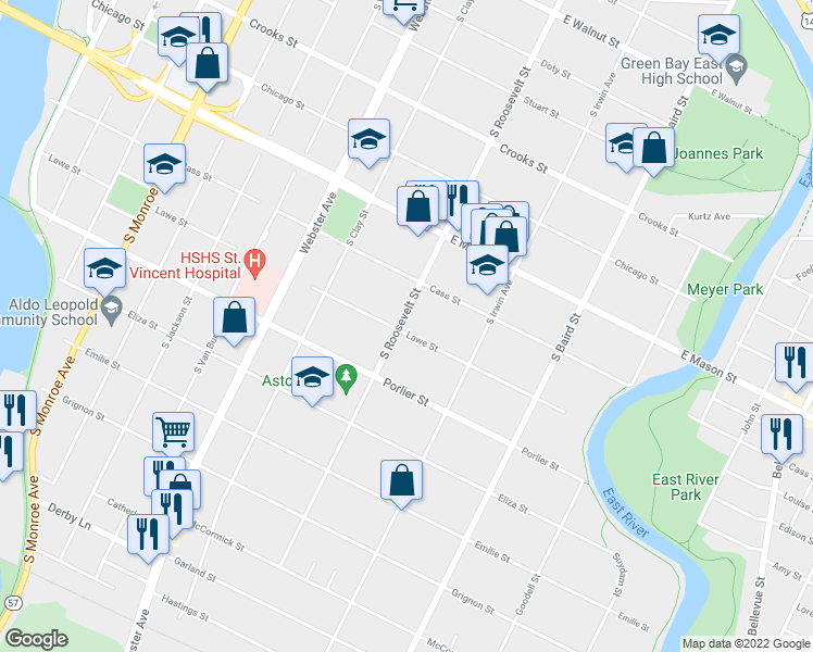 map of restaurants, bars, coffee shops, grocery stores, and more near 739 South Roosevelt Street in Green Bay