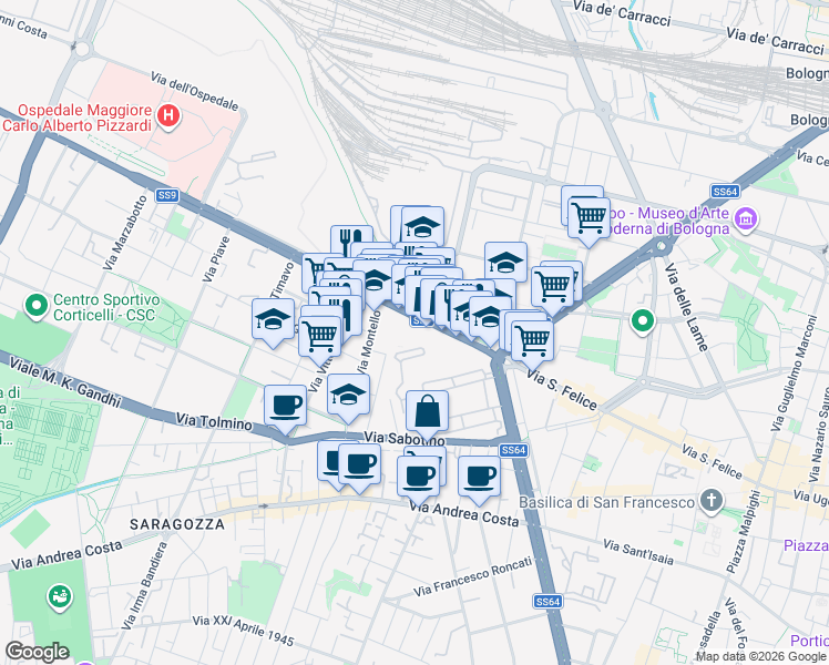 map of restaurants, bars, coffee shops, grocery stores, and more near 55-65 Via Saffi Aurelio in Bologna