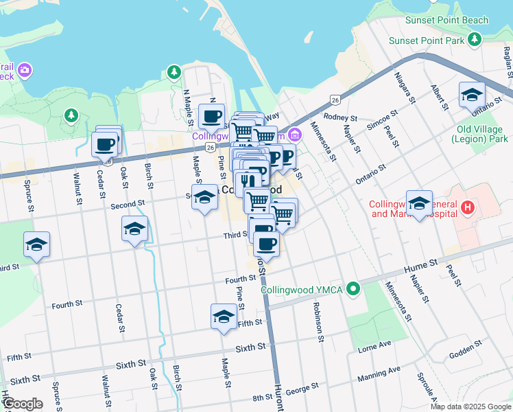 map of restaurants, bars, coffee shops, grocery stores, and more near 105 Hurontario Street in Collingwood