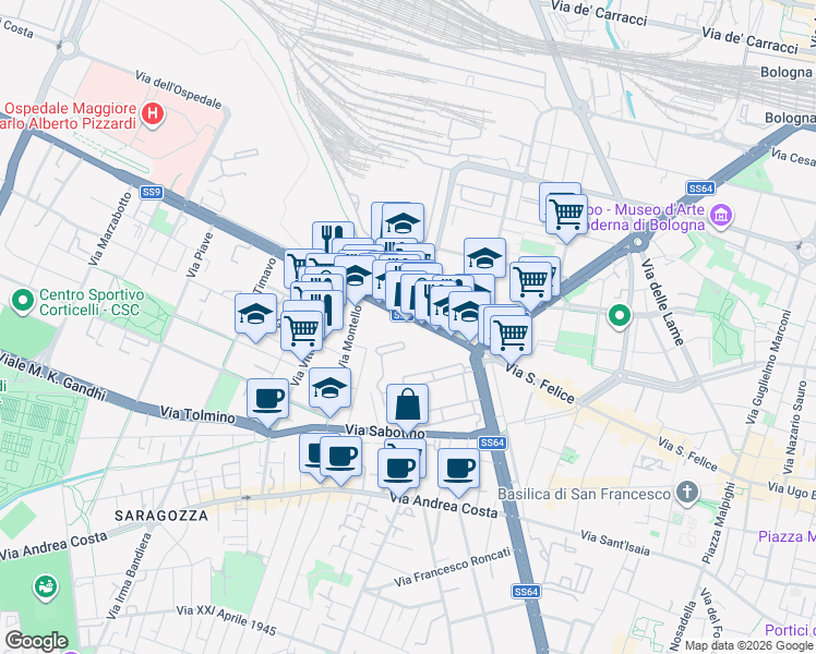 map of restaurants, bars, coffee shops, grocery stores, and more near 65 Via Aurelio Saffi in Bologna