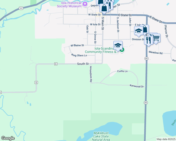 map of restaurants, bars, coffee shops, grocery stores, and more near N7197 Amundson Road in Iola