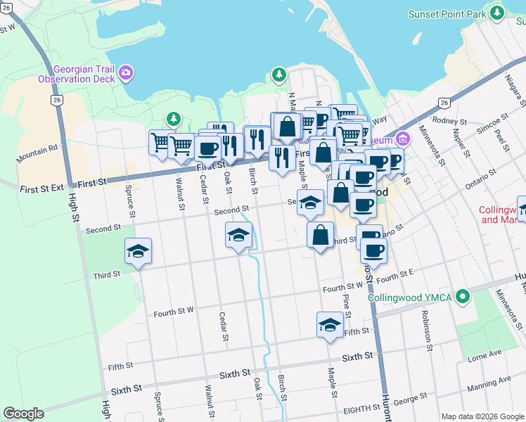 map of restaurants, bars, coffee shops, grocery stores, and more near 200 Second Street in Collingwood