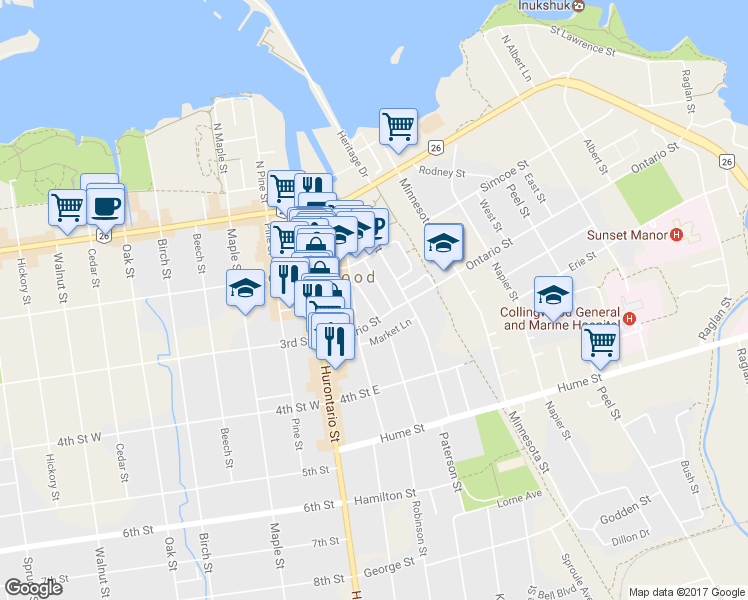 map of restaurants, bars, coffee shops, grocery stores, and more near 57 Elgin Street in Collingwood