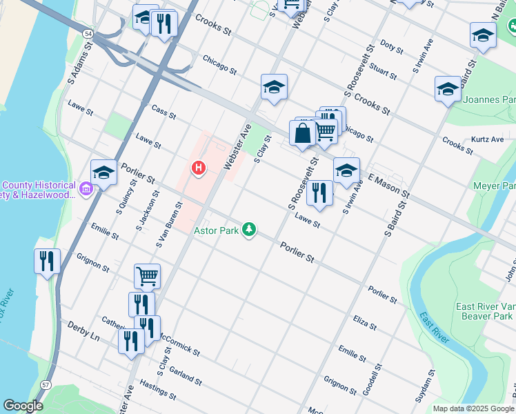 map of restaurants, bars, coffee shops, grocery stores, and more near 1145 Lawe Street in Green Bay